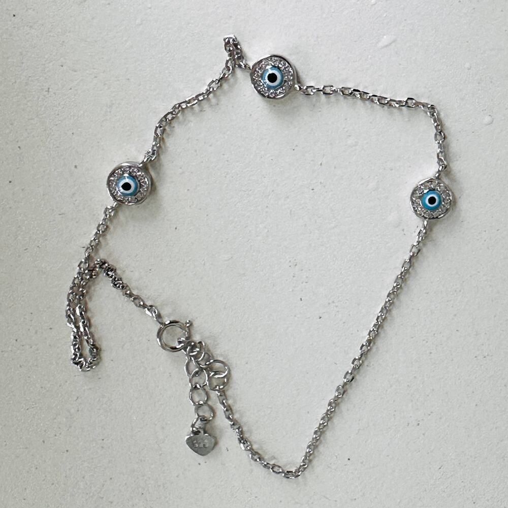 925 Sterling Silver Evil Eye CZ Anklet - Picture 4 of 5